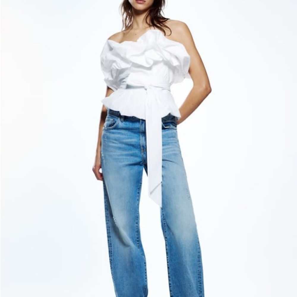 Zara White Voluminous Poplin Top Off Shoulder - Picture 5 of 7
